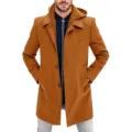 Men faux two-piece hooded wool trench coat, stylish casual mid-long winter outerwear. - M / Camel