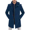 Men's blue hooded wool blend trench coat fake two-piece casual outerwear winter fashion - M / Blue