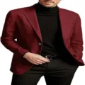 Men's casual burgundy blazer jacket detail, stylish slim fit suit coat for business daily wear. - M / Red