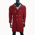 Men's double-breasted wool-blend overcoat with black lapel and ornate silver buttons. - M / Dark Red