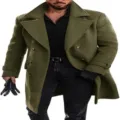 Detailed view of mens double breasted green wool coat with wide lapel and belted sleeves. - M / Army Green