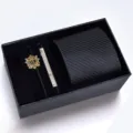 Men business formal black striped tie gift box set with tie clip and crown crest badge detail. - KHVA8010-1B