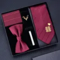 Men burgundy tie set wedding gift box 8cm necktie bow tie pocket square brooch tie clip - Hand-Tied Style / KH5A8053