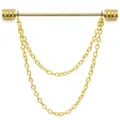 Gold tone mens shirt collar pin with double chain fringe detail close up view accessory - Double Chain / Gold