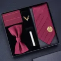 Men's wine red tie set box including tie, pocket square, bow tie, brooch, and tie clip. - Hand-Tied Style / KH5A8055