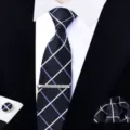 Men's business formal zipper tie set with matching pocket square, tie clip and cufflinks detail view. - Zipper Business Style(W6R8016-1)