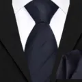 Classic navy blue tie and pocket square set, elegant silk-like twill fabric for formal business. - Black Twill