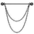 Black industrial barbell collar pin with double hanging chains, punk shirt chain accessory. - Double Chain / Gun Black