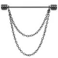 Close-up detail of the metallic black shirt collar bar with double hanging chain accessory. - Double Chain / Gunmetal Black
