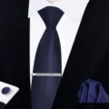 Men's dark blue business tie set with tie clip pocket square and cufflinks for formal wear detail. - Zipper Business Style(W6R8037-1)