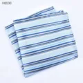 Gedetailleerd overzicht van een blauw gestreept heren pochet met een nette stoftextuur. - Gestreepte Borstzakdoek (X8030)
