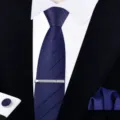 Mens classic navy blue business tie set with clip, cufflinks and pocket square for formal wear. - Zipper Business Style(W6R8045-1)