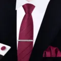 Men formal business suit tie set with burgundy striped tie silver tie clip pocket square - Zipper Business Style(W6R8051-1)