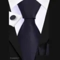Men's business navy blue tie set with pocket square and matching fabric cufflinks. - Black Fine Striped