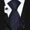 Mens business tie set featuring an 8cm necktie, pocket square, and matching cufflinks. - Black Stripe