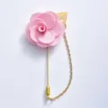 Pink Camellia Brooch with Chain Gold Pin Elegant Wedding Party Lapel Flower Badge Accessory - Pink