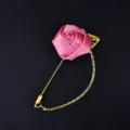 Elegant pink satin rose lapel pin brooch with gold chain for wedding groom and bride decor. - Pink