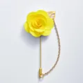 Yellow fabric camellia flower lapel pin with gold chain and leaf, elegant wedding brooch. - Yellow