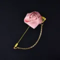 Elegant pink rose flower lapel pin with gold chain for wedding groom bridal suit badge decor - Pink