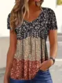 Floral V-neck short sleeve casual women's top detail view, comfortable summer wear fashion tee. - S / Tops / Matcha Green