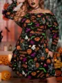 Detail view of the Halloween gothic style off-shoulder ruffle long sleeve printed dress. - S / Black