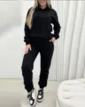 Women solid color casual long sleeve hoodie sweatpants two piece set black autumn winter - Black