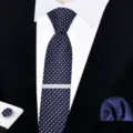 Ensemble de cravate skinny bleue à pois pour homme avec pochette boutons de manchette. - Cravate à nouer soi-même 6 cm étroite - W6A6009-1