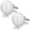 Detailed shot of round silver metal cufflinks with laser engraved letter design for men shirts. - Letter O