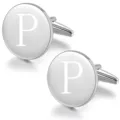 Silver tone round copper cufflinks with engraved letter P for men formal business shirts - Letter P