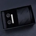 Closeup detail view of black men business gift box set including tie cufflinks clip and pocket square - Zipper 6cm Narrow KH6R6043-1