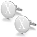 Silver round initial letter X engraved metal cufflinks for men's formal business dress shirts. - Letter X