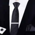 Détails de l'ensemble cravate noire homme avec pince boutons de manchette et pochette - Cravate à nouer | 6cm Slim | W6A6043-1
