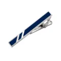 Men silver tie clip with navy blue enamel geometric stripe design for formal business suits. - Silver Base Blue