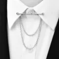 Men's metal collar pin with double layer tassel chain shirt collar clip fashion accessory - Silver Double Chain