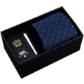 Mens tie gift box set including blue grid tie, metal tie clip, brooch and accessories. - HVY8109