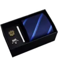 Mens blue striped necktie gift set with metal tie clip and lapel pins in a black gift box. - HVY8110