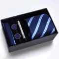 Ensemble cravate rayée bleue homme, pochette boutons de manchette pince boîte cadeau. - Sergé Bleu Blanc