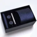 Coffret cadeau cravate à carreaux bleue pour homme avec boutons de manchette pince cravate poche - Pois Bleu Marine