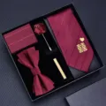 Burgundy mens wedding tie set featuring elegant bow tie pocket square brooch and tie clip details. - Zipper Style | KH5R8053-9B