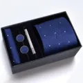 Coffret cravate homme bleue motif géométrique pochette boutons de manchette pince - Côtelé Bleu Marine