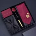 Groom wedding tie set 5 pieces burgundy tie pocket square bow tie tie clip lapel pin - Zipper Style | KH5R8053-9C
