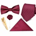 Herren bordeaux Krawatte Fliege Einstecktuch Brosche Krawattenklammer Set 5 Stücke Hochzeit - Reißverschluss-Modell ohne Box (D5R8052-9)
