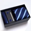 Conjunto de corbata a rayas azules de negocios para hombre con pañuelo gemelos y pinza - Caja de Cartón Hecho a Mano Rayas Azul Blanco
