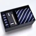 Set de regalo de corbata para hombre con corbata a rayas pañuelo gemelos elegante caja - Caja de Cartón Hecho a Mano Rayas Azul Blanco