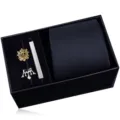Men's formal business tie gift set with metallic tie clip and cufflinks in a luxury black box. - HVY8118-1