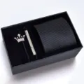 Men luxury striped tie gift box set featuring silver tie clip and crown brooch detail. - KHVA8010-1A