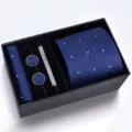Luxe heren stropdas cadeauset met blauwe patroon stropdas, pochet, manchetknopen en dasclip. - Ritsmodel | KH6R8038-2