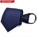 Men's zipper necktie detail shot, showing textured navy blue fabric and convenient buckle. - Navy Small Plaid Y8687