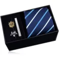 Men business striped tie gift set with tie clip and metal lapel pins in black gift box - KHVY8217-1