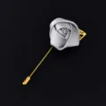 Silver fabric rose lapel pin gold stem brooch wedding groom suit corsage party badge decoration - Silver Gray